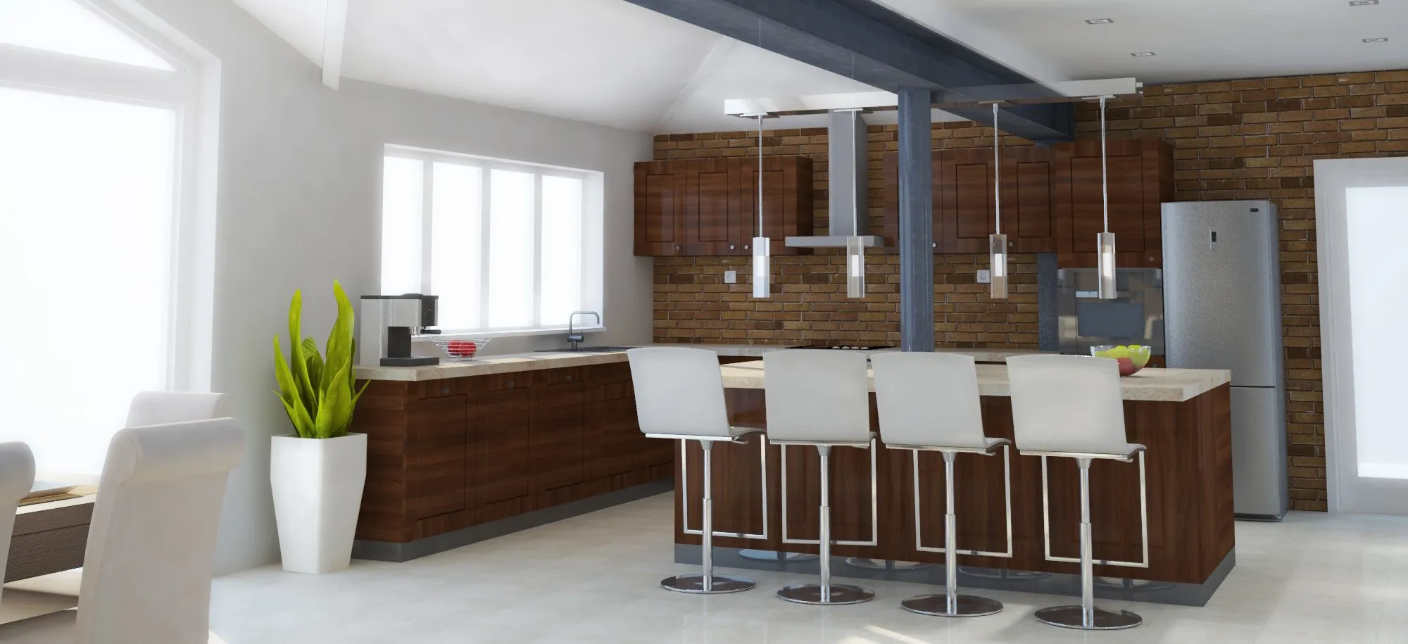 Modern kitchen with dark wood cabinetry and brick wall accents